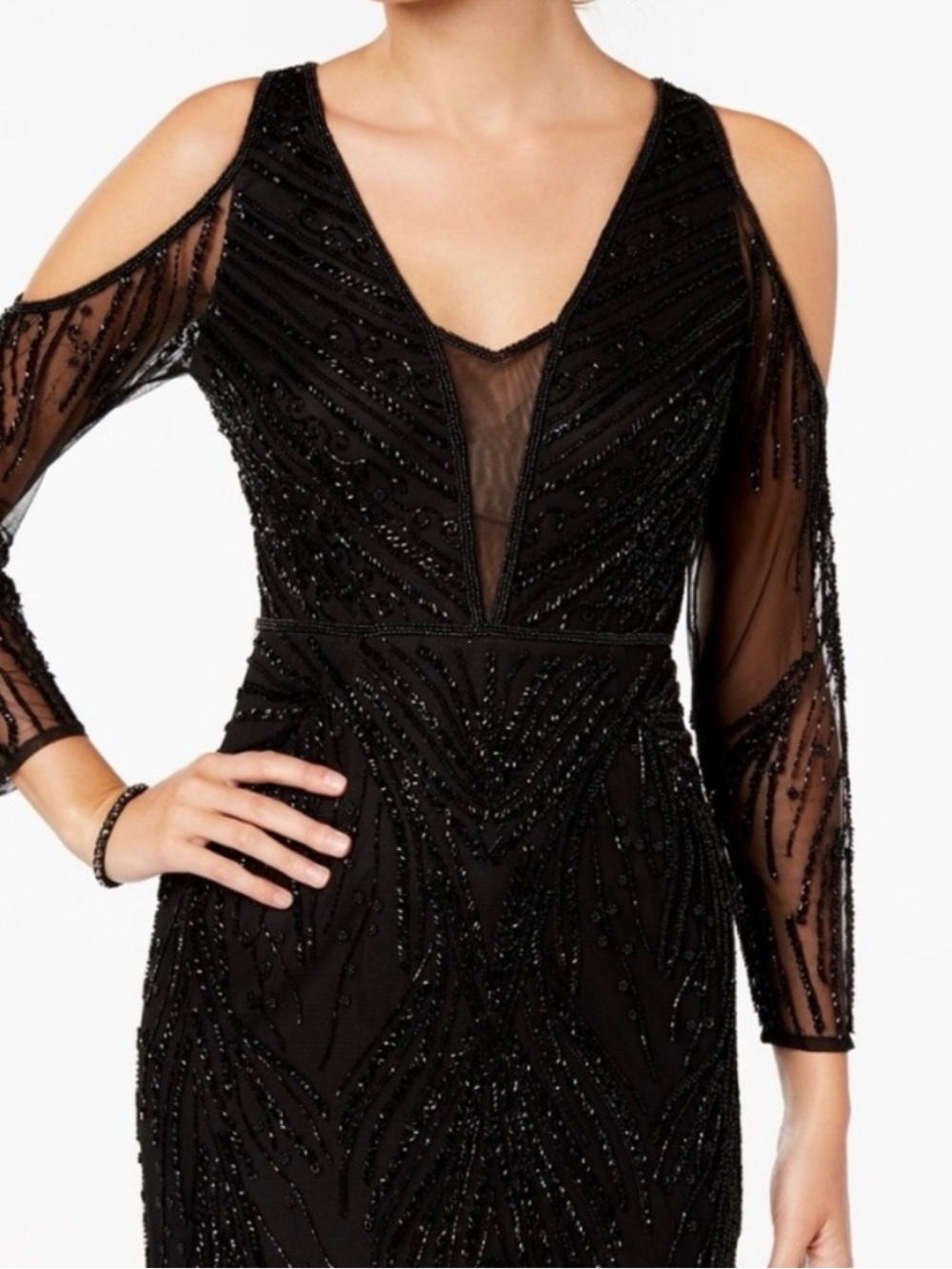 Adrianna Papell Black beadedLong Sleeve Dress knee length size 14
